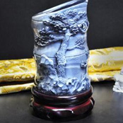 歲寒三友水晶膠、瑪瑙玉石粉竹節筆筒  